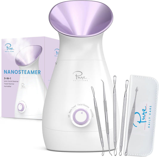 Pure Daily Care NanoSteamer Large 3-in-1 Nano Ionic Facial Steamer with Precise Temp Control - Humidifier - Unclogs Pores - Blackheads - Spa Quality - Bonus 5 Piece Stainless Steel Skin Kit (Teal)