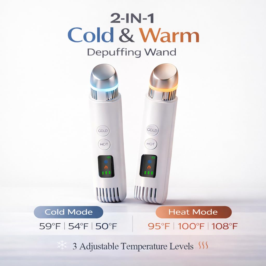 Cold & Warm Depuffing Wand for Face and Eyes, 2-in-1 Cooling Facial Wand for Puffy Eyes, Gentle Heat Skincare Tool for Serums, Portable Under Eye Massager for Daily Beauty Routine
