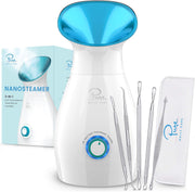 Pure Daily Care NanoSteamer Large 3-in-1 Nano Ionic Facial Steamer with Precise Temp Control - Humidifier - Unclogs Pores - Blackheads - Spa Quality - Bonus 5 Piece Stainless Steel Skin Kit (Teal)