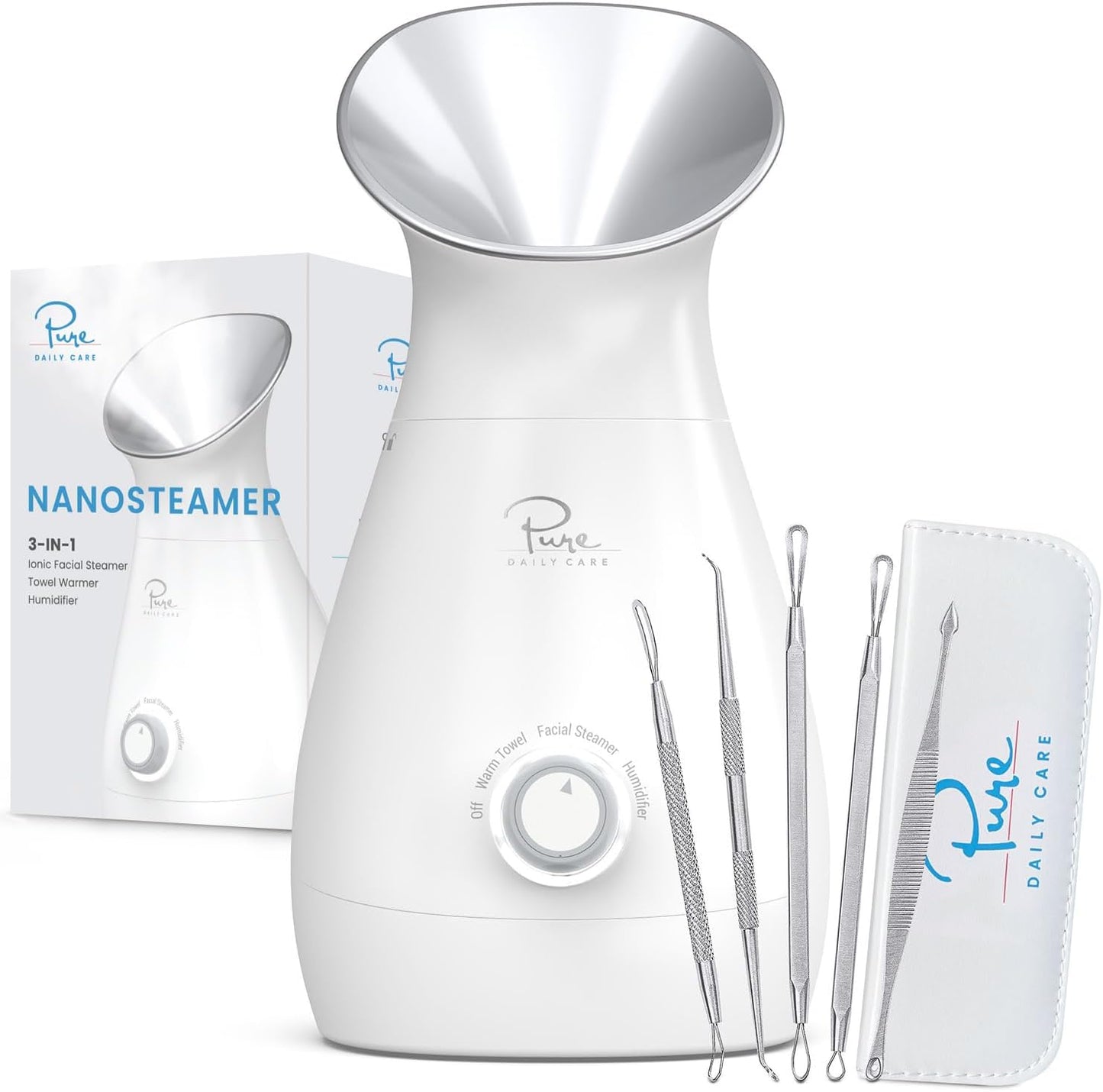 Pure Daily Care NanoSteamer Large 3-in-1 Nano Ionic Facial Steamer with Precise Temp Control - Humidifier - Unclogs Pores - Blackheads - Spa Quality - Bonus 5 Piece Stainless Steel Skin Kit (Teal)
