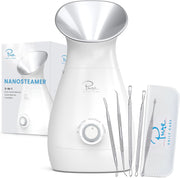 Pure Daily Care NanoSteamer Large 3-in-1 Nano Ionic Facial Steamer with Precise Temp Control - Humidifier - Unclogs Pores - Blackheads - Spa Quality - Bonus 5 Piece Stainless Steel Skin Kit (Teal)