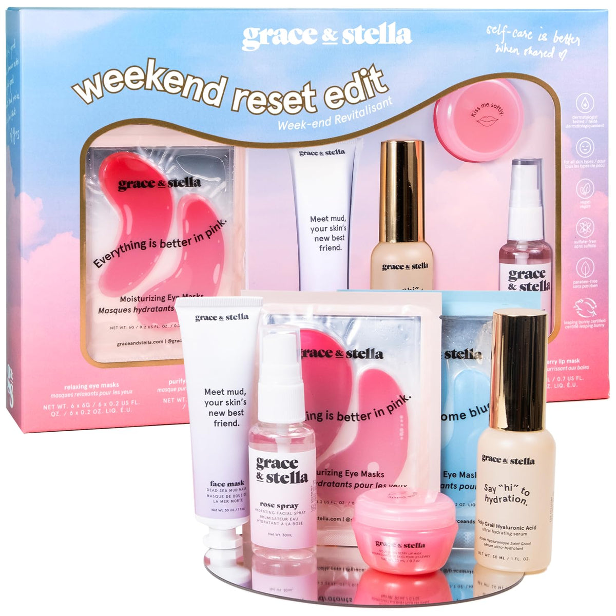 grace & stella Award Winning Skin Care Set - Birthday Gifts for Women, Travel Size Toiletries with Eye Masks, Hyaluronic Acid Serum, Lip Balm & More, Gift Baskets for Women, Vegan Self Care