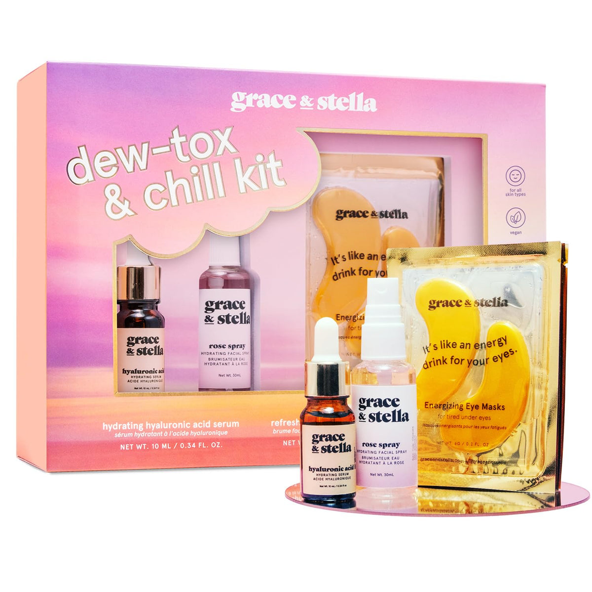 grace & stella Award Winning Skin Care Set - Birthday Gifts for Women, Travel Size Toiletries with Eye Masks, Hyaluronic Acid Serum, Lip Balm & More, Gift Baskets for Women, Vegan Self Care