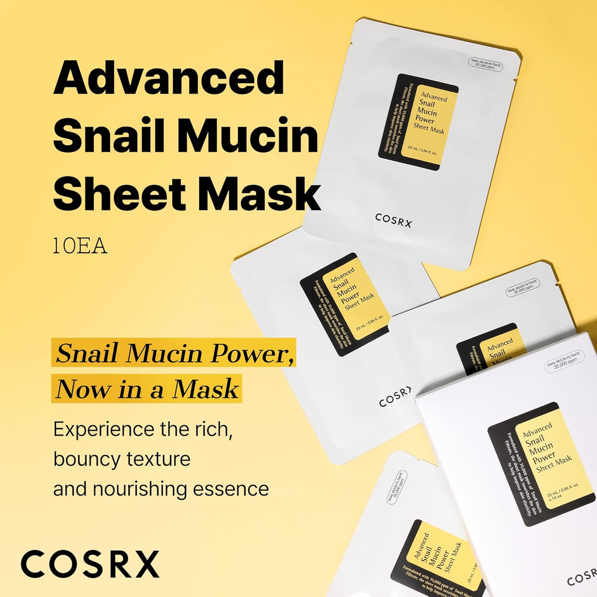 COSRX Snail Mucin Sheet Mask 10 EA with Snail Mucin Serum, Hydrating Face Sheet Masks for Dry & Sensitive Skin, Korean Face Mask for Self Care, Korean Skin Care