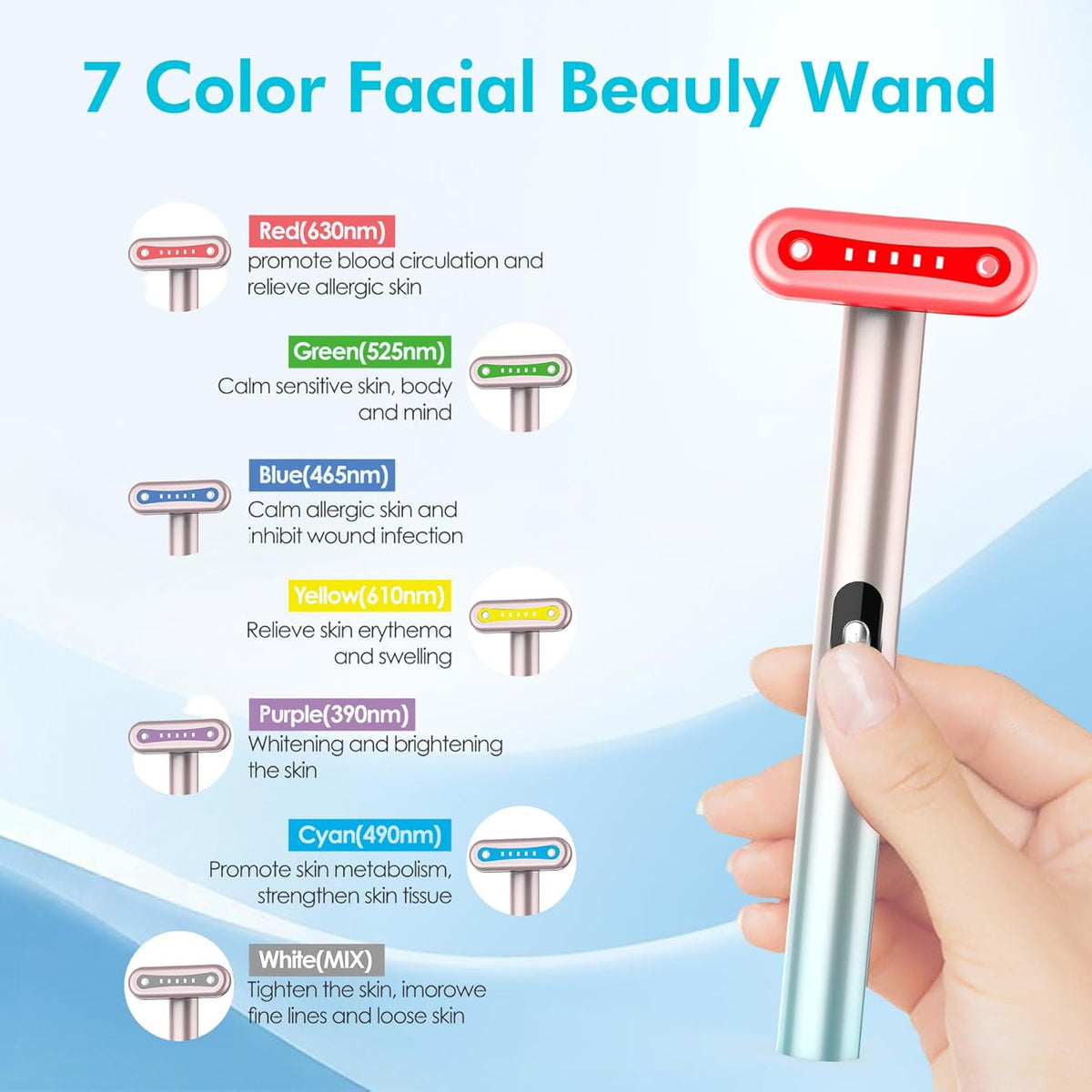 Red-Light-Therapy，Face Massager for Skin Care，Led Facial Light Therapy 7 Colors Eye Beauty Wand