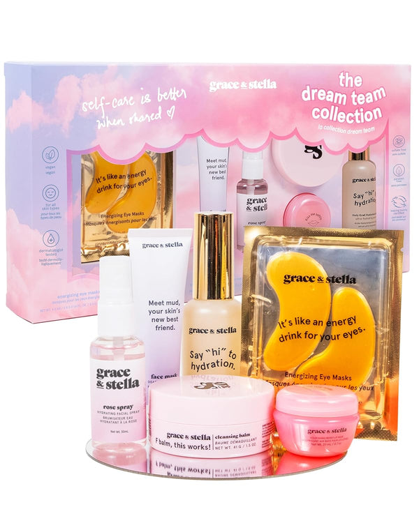 grace & stella Award Winning Skin Care Set - Birthday Gifts for Women, Travel Size Toiletries with Eye Masks, Hyaluronic Acid Serum, Lip Balm & More, Gift Baskets for Women, Vegan Self Care