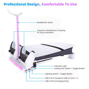 VILCORN Horizontal Cooling Stand for PS5 Slim/Pro — Dual Controller Charger, RGB Headset Holder & USB Hub Dock Nova Loot