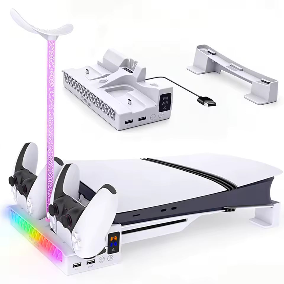 VILCORN Horizontal Cooling Stand for PS5 Slim/Pro — Dual Controller Charger, RGB Headset Holder & USB Hub Dock Nova Loot