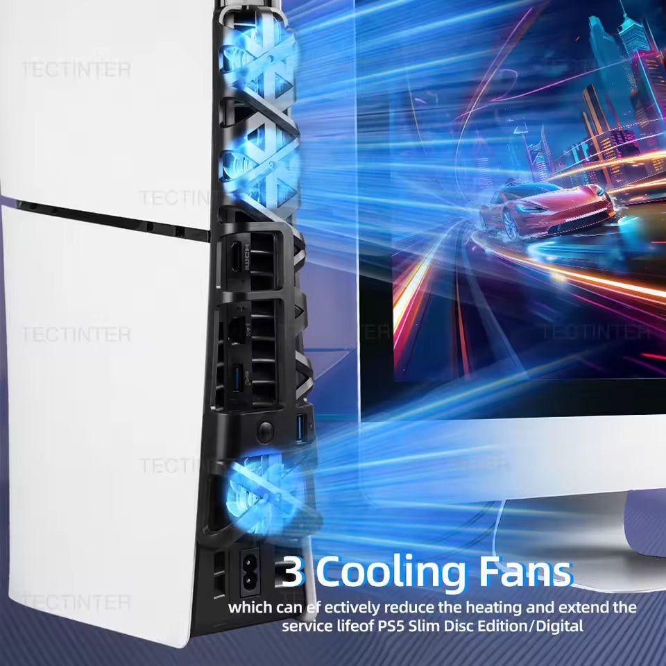 PS5 Slim Cooling Fan — Triple-Fan RGB Stand with USB 3.0 Hub, 3-Speed for Disc & Digital Nova Loot