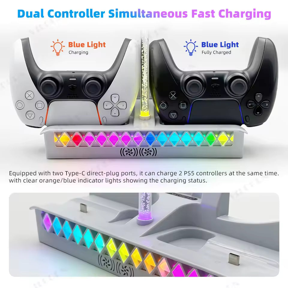 VILCORN Horizontal Cooling Stand for PS5 Slim/Pro — Dual Controller Charger, RGB Headset Holder & USB Hub Dock Nova Loot