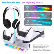 VILCORN Horizontal Cooling Stand for PS5 Slim/Pro — Dual Controller Charger, RGB Headset Holder & USB Hub Dock Nova Loot