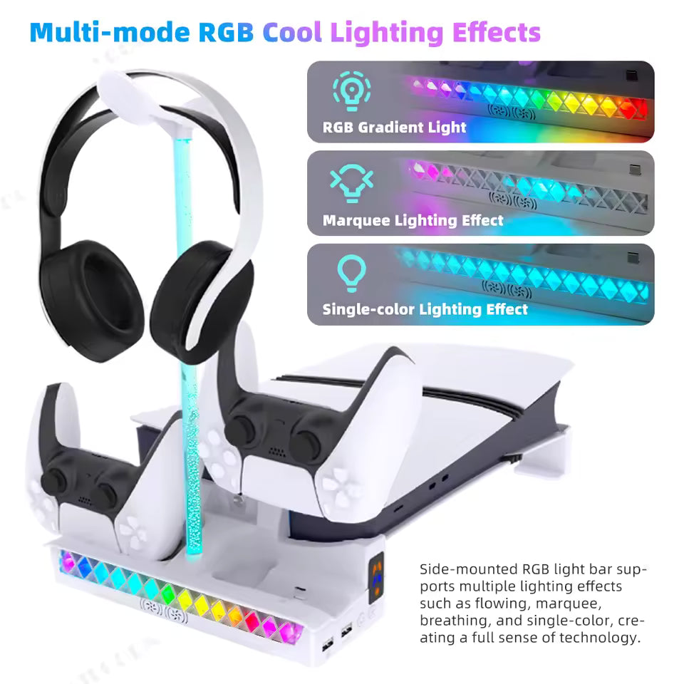 VILCORN Horizontal Cooling Stand for PS5 Slim/Pro — Dual Controller Charger, RGB Headset Holder & USB Hub Dock Nova Loot